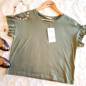 Zara Olive Green Ruffle Sleeve Top